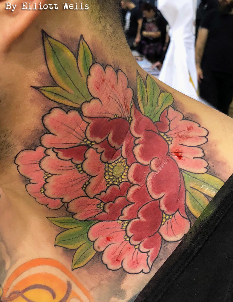 pivoine tattoo, color, pink, tatouage, mondial du tatouage 2018, report