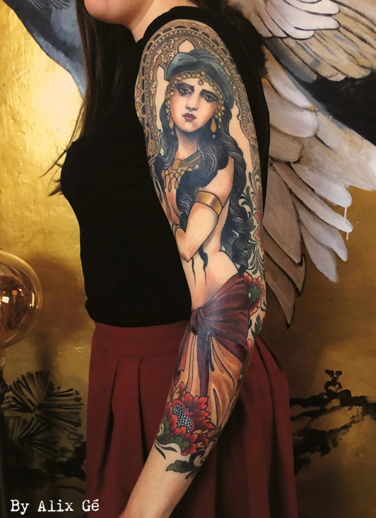 Pascal Bagot, peinture, alphonse mucha, hommage, tatouage, alix gé, tatouage français, color, tattoos, ink ,atc tatouage