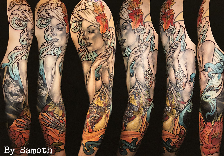 Pascal Bagot, peinture, alphonse mucha, hommage, tatouage, samoth, color, tattoos, ink ,atc tatouage