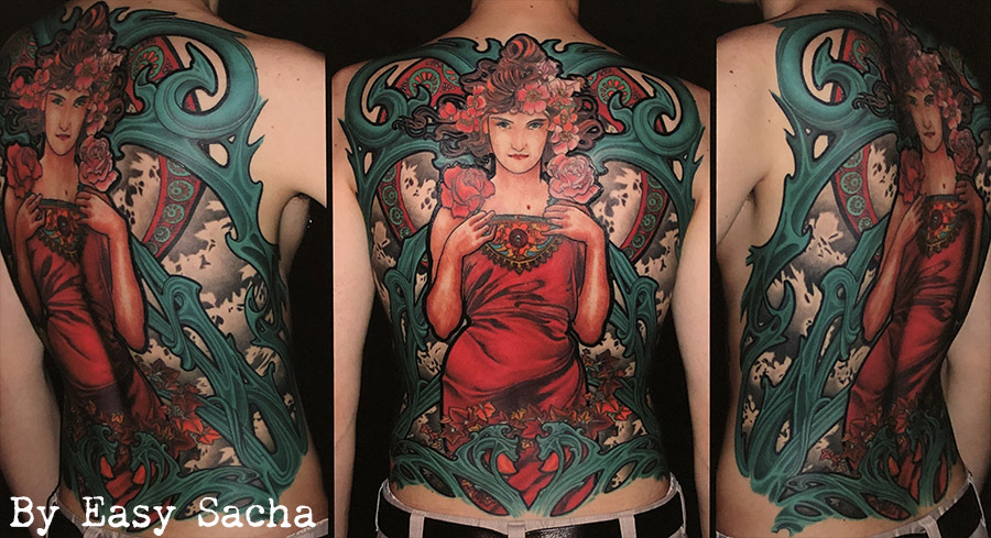Pascal Bagot, peinture, alphonse mucha, hommage, tatouage, easy sacha, color, tattoos, ink ,atc tatouage, tattooing