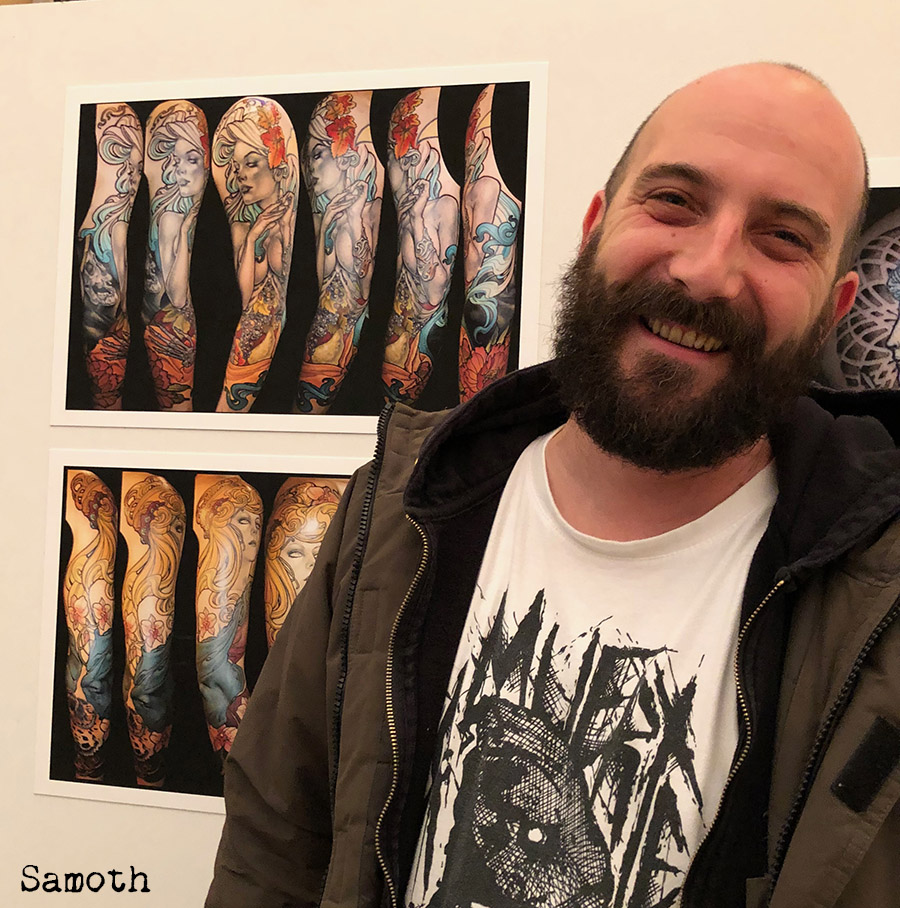 Pascal Bagot, peinture, alphonse mucha, hommage, tatouage, samoth