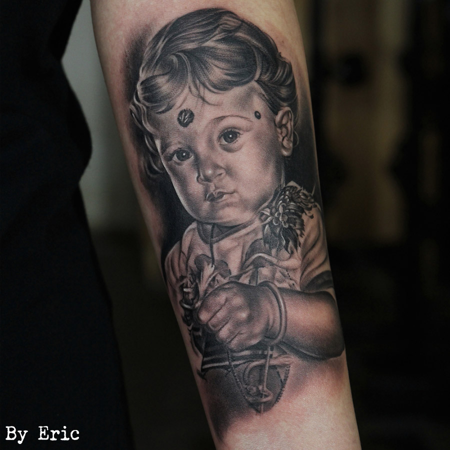 black and grey, tattoo, indian ink, tatouage, black and grey, baby