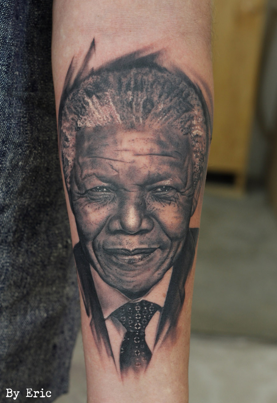 black and grey, tattoo, tattooing, ink, nelson mandela,