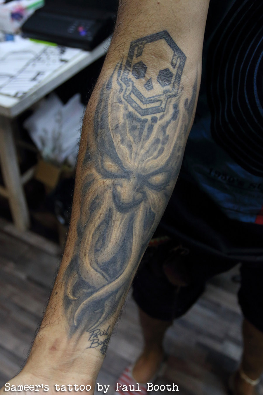 black and grey, arm tattoo, tattoo shop, indian ink, black and grey