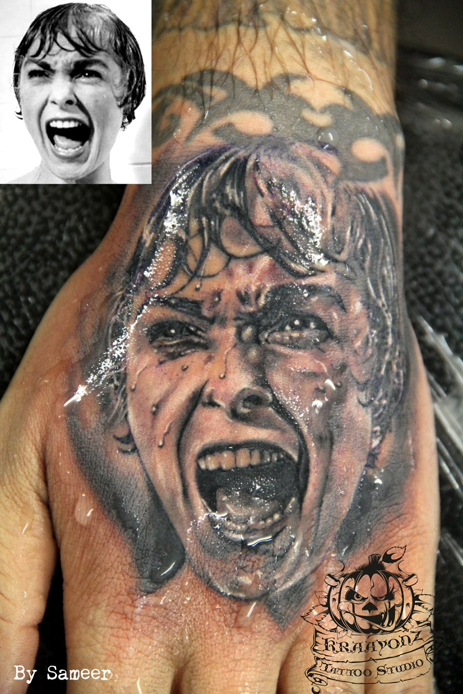 hitchcock tattoo, black and grey, tattooing,