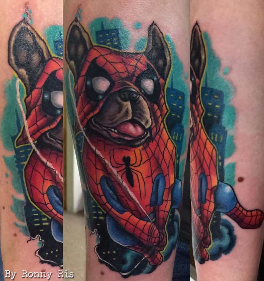 dog, spiderman, dog tattoos, new school, ronny ris