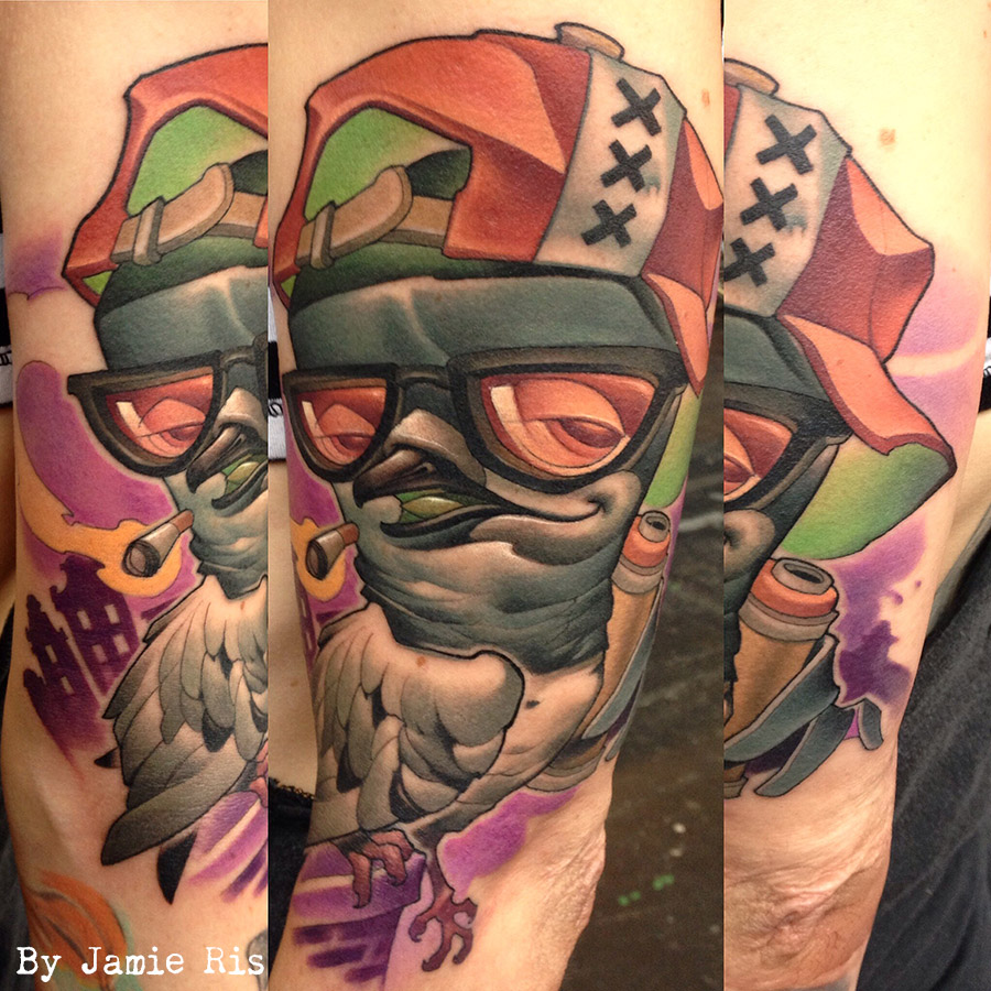 tatouage, ink, tattoos, new school, pigeon, bird tattoos, jamie ris
