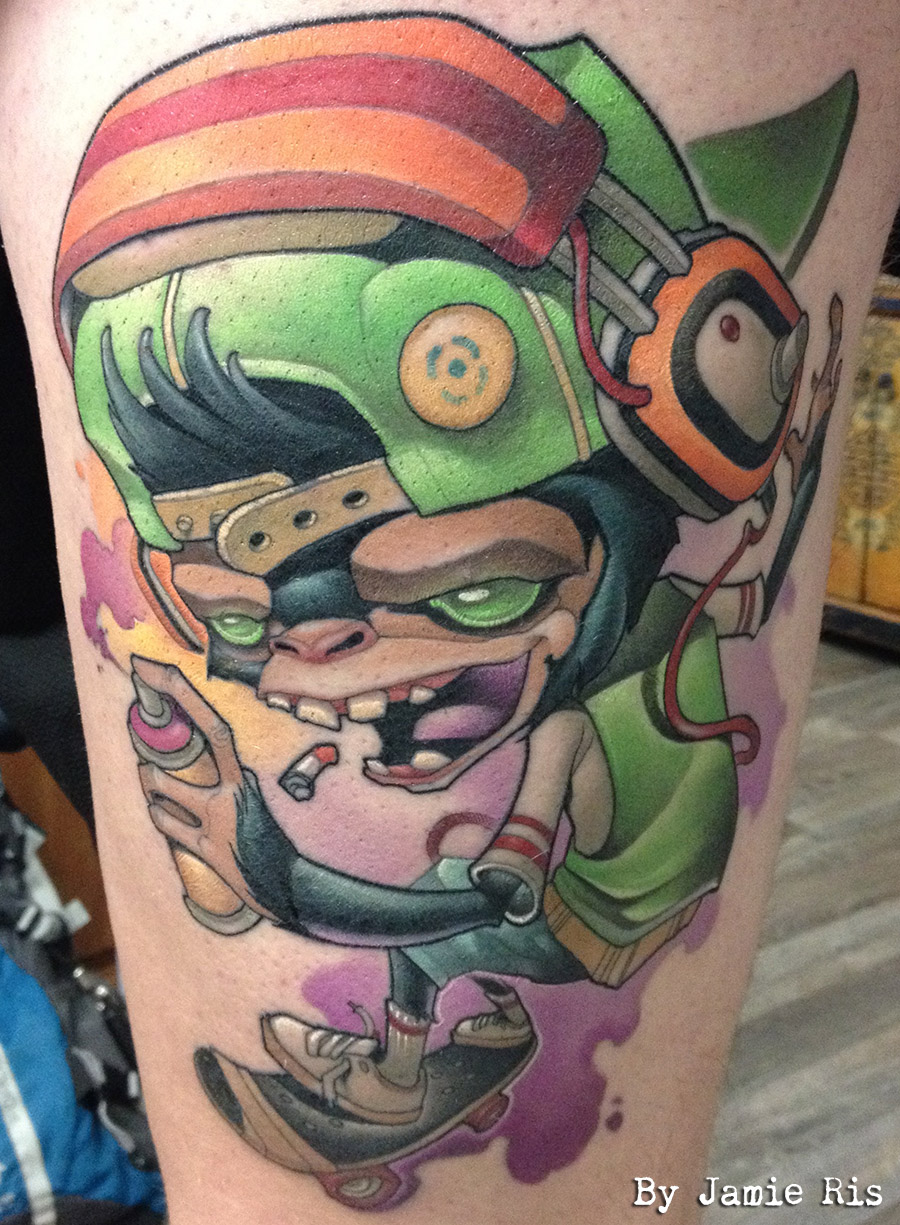 jamie ris, dogstar tattoos, new school, leg tattoo, color tattoos