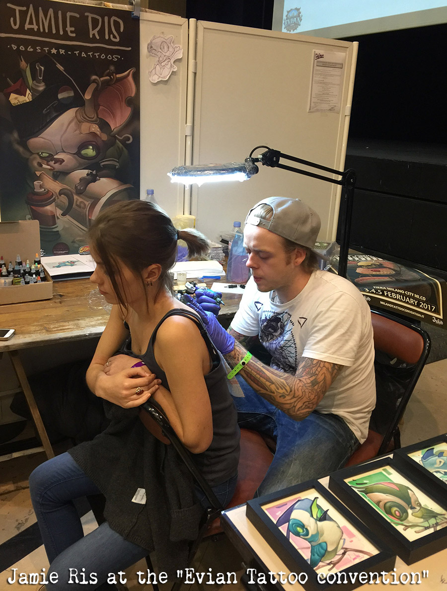 jamie ris, dogstar tattoos, new school, leg tattoo, color tattoos , tattooing, tattooer