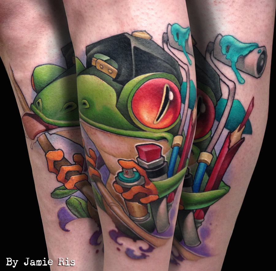 jamie ris, dogstar tattoos, new school, leg tattoo, color tattoos , tattooing, tattooer, frog tattoo